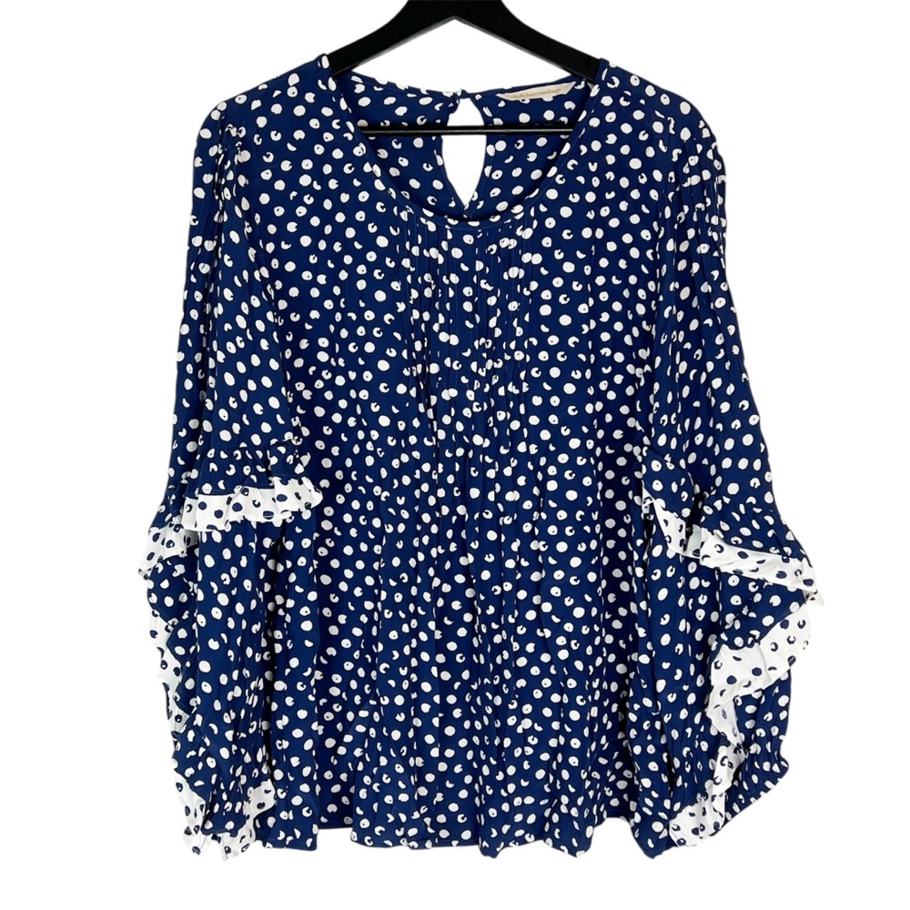 EUC Soft Surroundings Sonrisa Navy Polka Dotted Ruffle Sleeve Blouse
